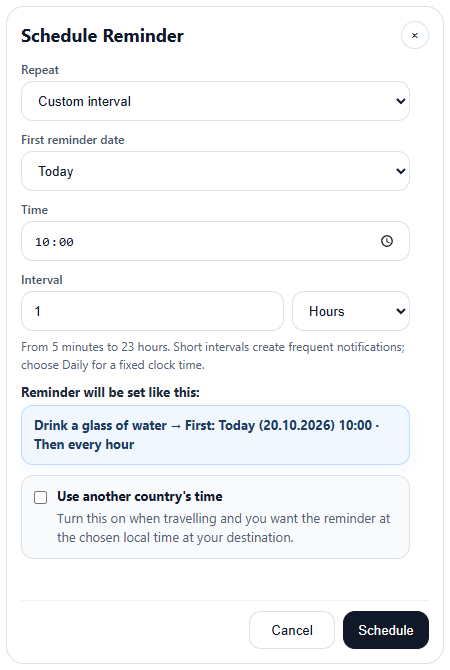 Recurring reminder scheduling. Actual Enterla interface with sample data.
