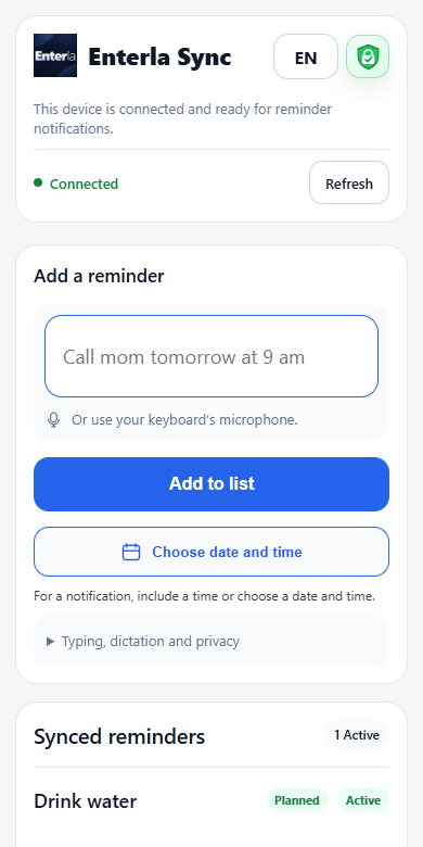 Current Enterla Sync reminder screen with sample data.