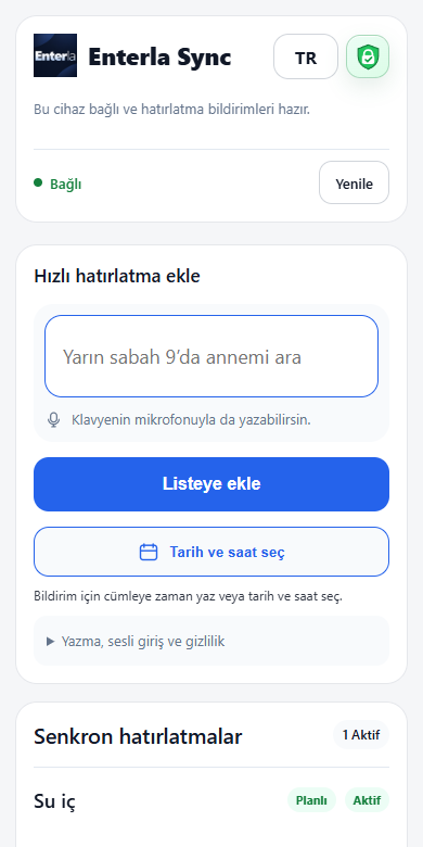 Güncel Enterla Sync hatırlatma ekranı; örnek veriler.